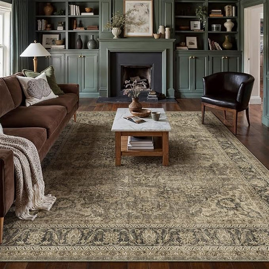 10x14 Washable Area Rug Brown Vintage Non Slip Soft Low Pile Rug for Living Room Bedroom Dining Room Office Distressed Oriental Indoor Large Throw Carpet for Home Decor