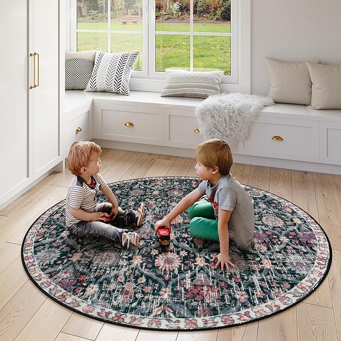 Lahome Moroccan Trellis Washable Round Rugs, Non-Slip Soft Round Rug 4ft Ultra-Thin, Small Vintage Circle Carpet for Entryway Kitchen Bedroom Nursery Bathroom Elise, Black/Multi