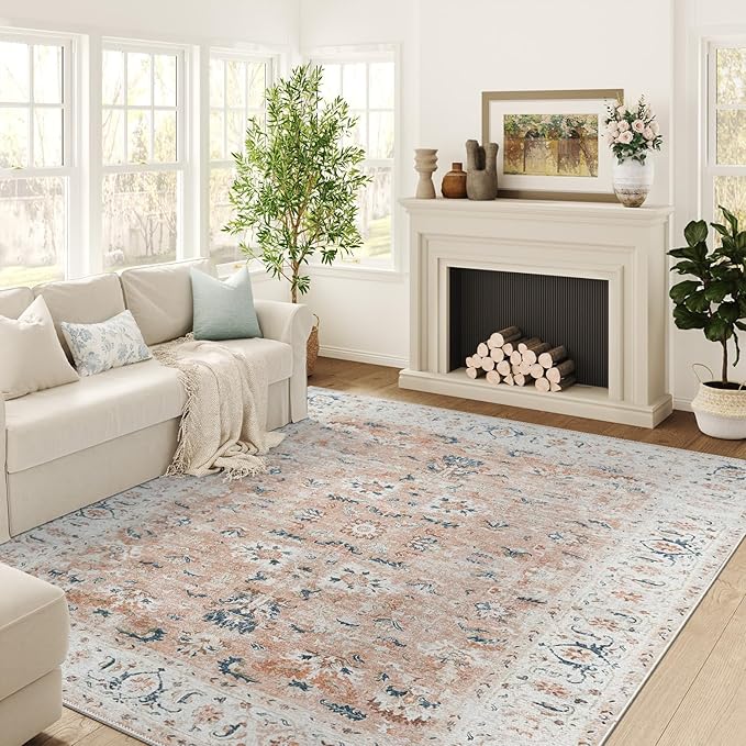 jinchan Area Rug 8x10 Living Room Rug - Washable Vintage Large Boho Floral Floor Cover Lightweight Low Pile Thin Non-Slip Retro Distressed Carpet for Bedroom Dining Room Kitchen Office Pink Blush