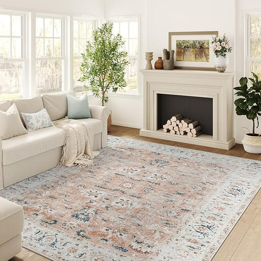 jinchan Area Rug 8x10 Living Room Rug - Washable Vintage Large Boho Floral Floor Cover Lightweight Low Pile Thin Non-Slip Retro Distressed Carpet for Bedroom Dining Room Kitchen Office Pink Blush