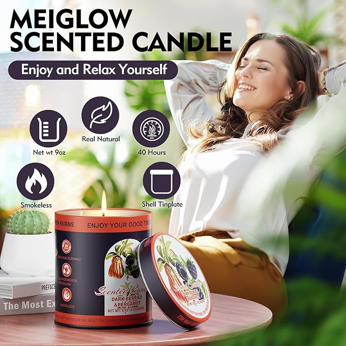 2 Pack Scented Candles (90 Total Burn Hours) - Soy Wax Candles 9 oz Each in Tin - Long Lasting Aromatherapy Candle Gift Set (Dark Berries Bergamot)