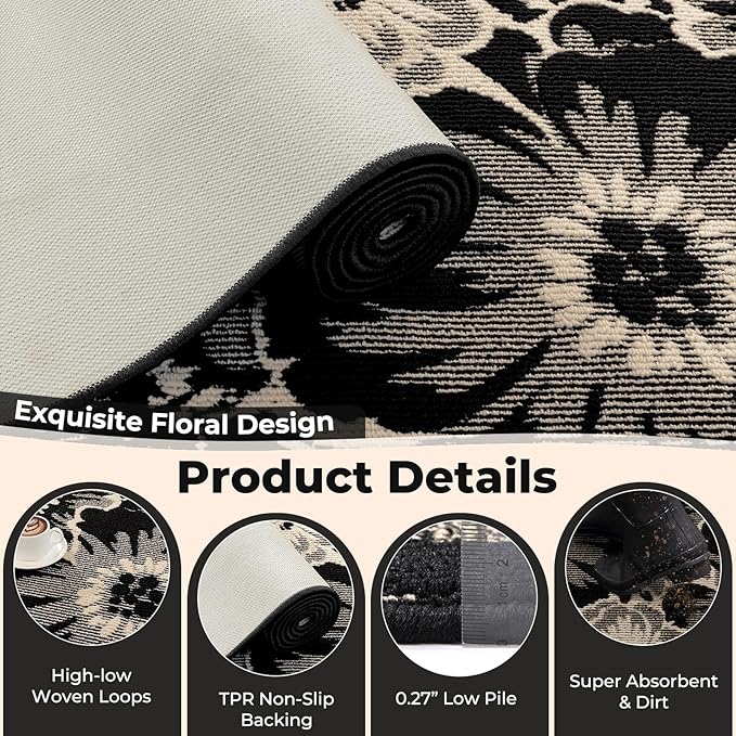Findosom Washable Area Rug 3x5, Non Slip High-Low Textured Floral Rugs for Bedroom with Rubber Backing, Boho Carpet for Living Room, Kitchen, Entryway, Laundry, Black & Beige