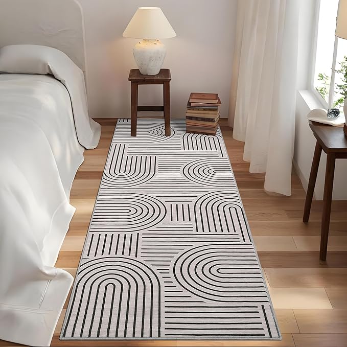 Modern Rug 2.5x10 Runners for Hallways, Abstract Kitchen Runner Rugs Non Slip Bath Runner, Rainbow Washable Rug for Bedroom, Soft Long Rugs for Entryway Bathroom Laundry Dorm, LightCamel