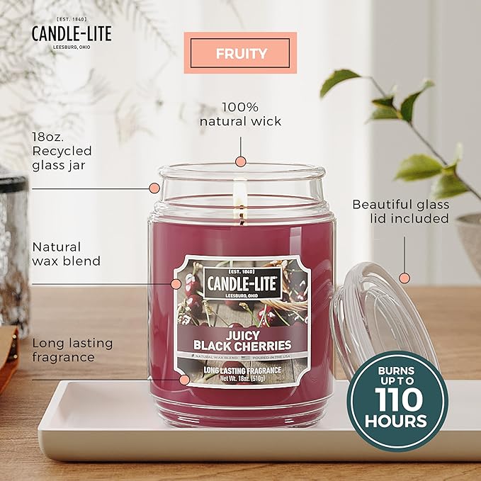 CANDLE-LITE Scented Juicy Black Cherries Fragrance, One 18 oz. Single-Wick Aromatherapy Candle with 110 Hours of Burn Time, Dark Red Color, Jar