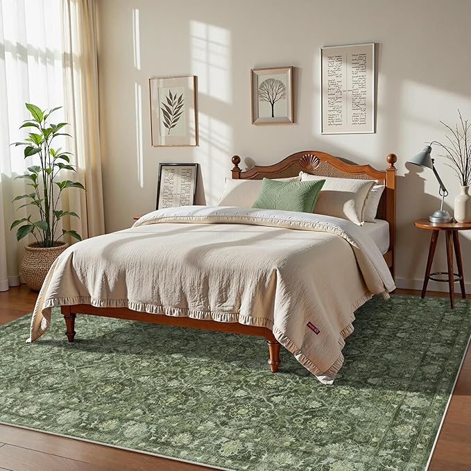 Hedlive Green Washable Area Rugs 8x10 for Living Room, Vintage Moroccan Bedroom Rug Non Slip with Ruber Backing, Stain Resistant Large Carpet for Dining Office Home Apartment (Olive 8x10 Ft)