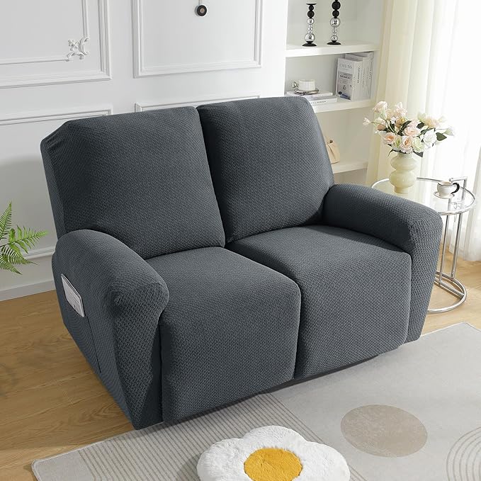 JIVINER Loveseat Recliner Covers 6-Piece Stretch Jacquard Recliner Sofa Slipcover 2 Seater Washable Reclining Couch Cover with Pocket Fitted Furniture Protector Cover (Loveseat Recliner, Dark Gray)