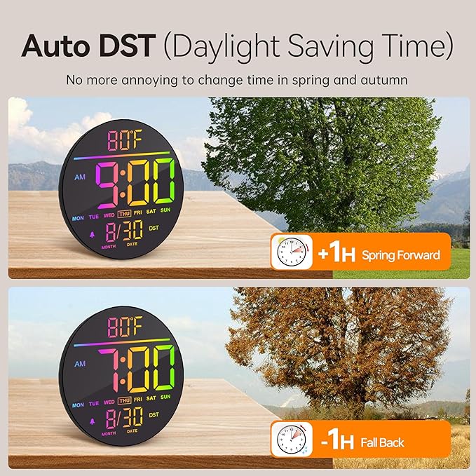 JALL 10" Large Digital Wall Clock with Seconds, Alarm Countdown Timer, Big LED Display, RGB Color, DST, Temperature, Mounted for Bedroom Living Room Office Classroom Gym, Xmas Birthday Gift, RGB