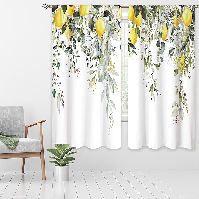 Yellow Lemon Eucalyptus Botanical Leaves Floral Window Curtains Sage Green Watercolor Flower Plant Farmhouse Curtain Drapes Herb Curtains for Bedroom Living Room Treatment 42Wx63H Inch