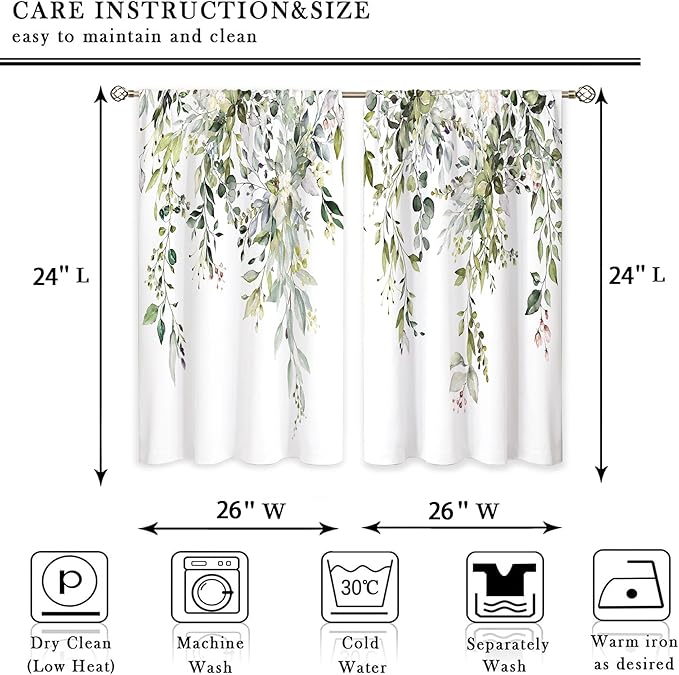 Eucalyptus Botanical Leaves Floral Kitchen Window Curtains Over Sink Farmhouse Flower Leaf Small Window Treatment Sage Green Cafe Short Curtains for Bathroom Treatment Tier Drapes 26x24 inch