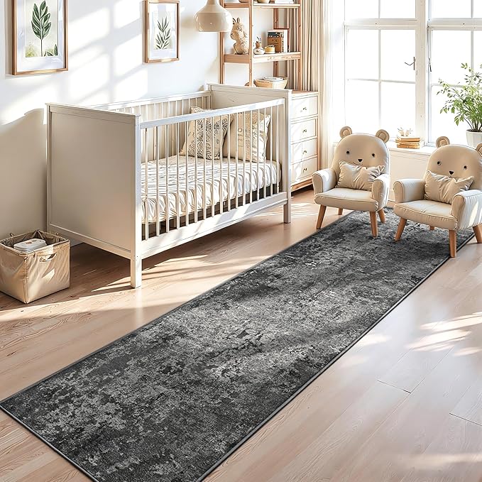 2x10 Black Rug Runners for Hallways Kitchen Runner Rug Non Slip Washable Black Long Runner Rugs with Rubber Backing Soft Abstract Carpet Runner for Bedroom, Kitchen, Bathroom, Entryway