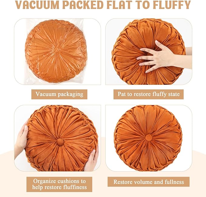 Drydiet 1 Pcs Round Throw Velvet Pillows Decorative Pleated Throw Pillows 15'' Diameter Accent Pumpkin Boho Chair Cushion for Couch Sofa Home Decoration (Brunt Orange)