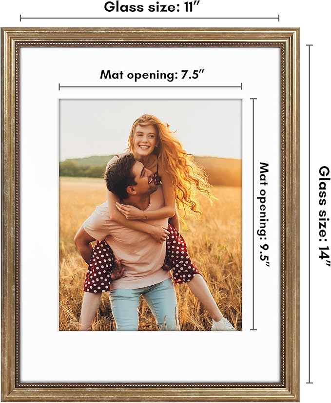 Americanflat Vintage Frames - 11x14 Picture Frame with Beaded Accents and Shatter-Resistant Glass - Use as 8x10 Frame or Display 11x14 Photos Without Mat - Heirloom Collection - Wall Display - Gold
