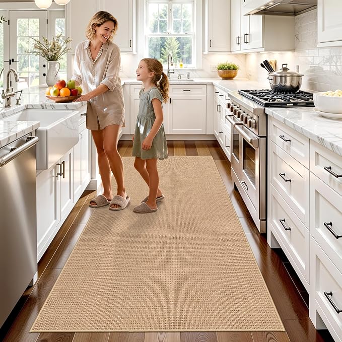 3x6 Kitchen Runner Rug Washable Non Slip: Solid Color Pattern Faux Jute Rug - Thin Easy Clean Indoor Farmhouse - Boho Rugs for Entryway Kitchen Hallway Bedroom Modern Home Decor Mat (Beige,3x6)