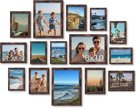 BESCRCL 15 Pack Real Glass Picture Frames Collage Wall Decor, Including 3pcs 8x10, 6pcs 5x7, 6pcs 4x6 Photo Frames for Gallery Wall or Tabletop Display, Brown