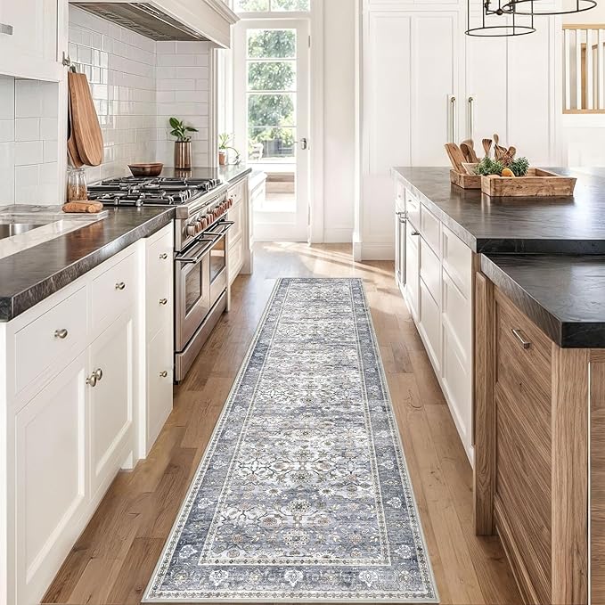 KUTA Vintage Floral Washable Hallway Runner, 2x8 Runners for Hallways Non-Slip Kitchen Rugs Grey Blue Ultra Thin Soft Printed Distressed Oriental Floor Carpet for Laundry Bedroom Living Room Nursery