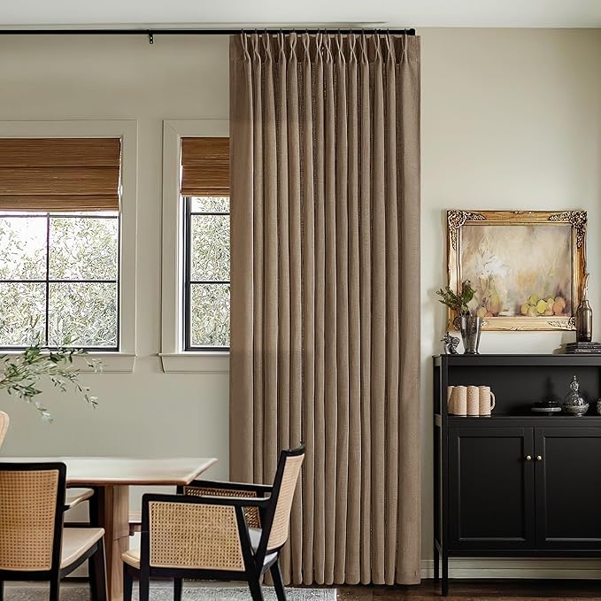 TWODRAPES Brown Linen Pinch Pleated Curtains 108 Inches Long 2 Panels for Living Room Bedroom Light Filtering Drapes 108 Inch Length Dutch Cocoa Semi Sheer Memory Shape Trained Ceiling Floor Curtain