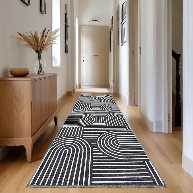 ROYHOME Modern Rug 2.5x8 Runners for Hallways, Abstract Kitchen Runner Rugs Non Slip Bath Runners, Rainbow Washable Runner Rug for Bedroom, Soft Long Rugs for Entryway Bathroom Laundry Dorm, Black