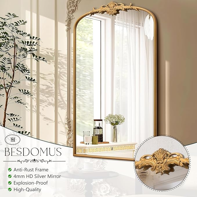 Besdomus Large Vintage Arched Mirror: 24"x42" French Arch Gleaming Gold Antique Wall Mounted Mirror - Traditional Ornate Metal Framed for Entryway/Fireplace/Bathroom - Idea for Trendy Fashionistas