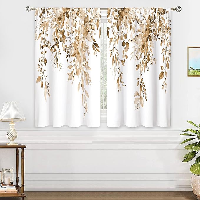 Eucalyptus Botanical Leaves Floral Kitchen Window Curtains Over Sink Farmhouse Flower Leaf Small Window Treatment Tan Floral Cafe Short Curtains for Bathroom Treatment Tier Drapes 26x30 inch