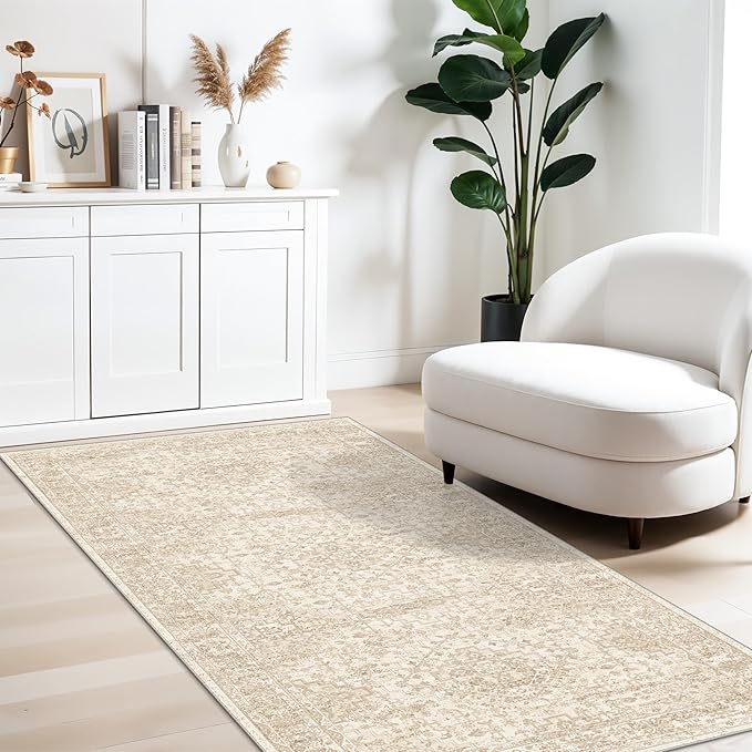 3x6 Washable Entryway Runner Rug – Non-Slip Wide Carpet Runner for Kitchen Hallway Bathroom, Neutral Vintage Distressed Low Pile Indoor Door Mat (Ivory Beige)