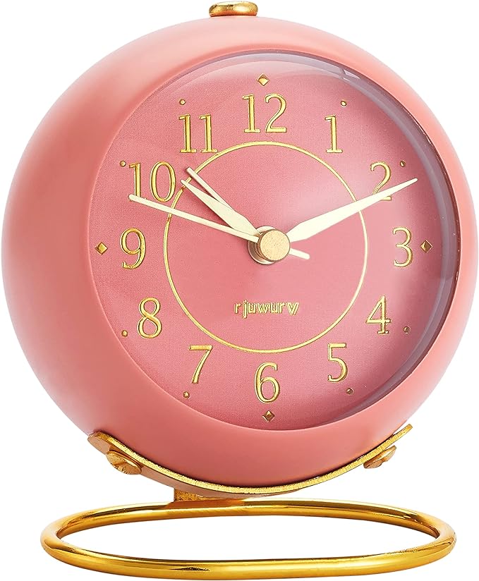Metal Desk Alarm Clock, Retro Bedroom Table Vintage Analog Alarm Clock, Silent Non-Ticking Gold Clock, Bedside D??cor(Sweet Pink)