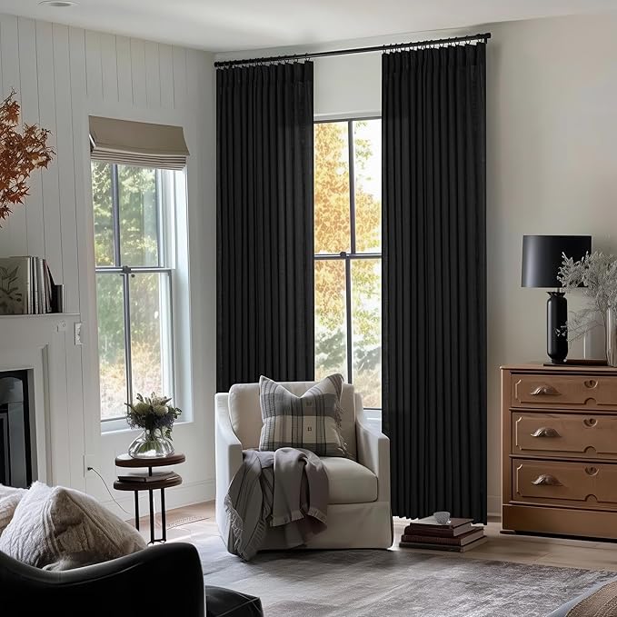 TWODRAPES Pinch Pleated Black Linen Curtains 96 Inches Long for Living Room Bedroom Light Filtering Boho Window Drape 96 Inch 2 Panels with Hooks Rings 8ft Black Sliding Glass Door Semi Sheer Curtain