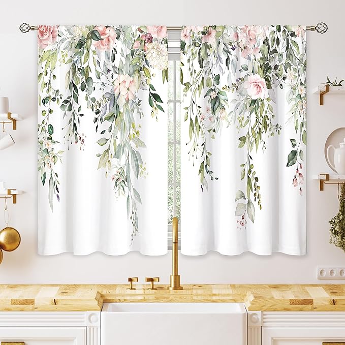 Eucalyptus Botanical Leaves Pink Rose Floral Kitchen Window Curtains Flower Plant Leaf Small Window Treatment Sage Green Cafe Short Curtains for Bathroom Treatment Tier Drapes 42x45 inch