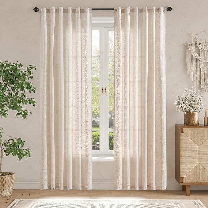 jinchan Winslow Linen Curtains for Living Room Floral Curtains 84 Inch Length Ivory Embroidered Bordered for Sitting Room Farmhouse Decor Light Filtering Window Treatments Set of 4