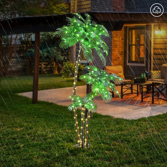 LIGHTSHARE Lighted 6FT Gorgeous Palm Tree 3Trunks Artificial Palm Tree 203LED Lights for Office Decoration Outdoor and Indoors Tiki Bar Christmas Patio Pool- Electric