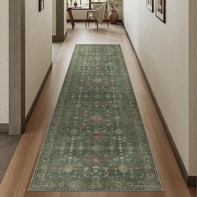 GENIMO Runner Rug for Hallways Machine Washable, 2x10 Non Slip Boho Vintage Lightweight Washable Runners, Thin Floor Rugs for Entryway Hallway Bathroom Laundry Room Corridor, Moss Green