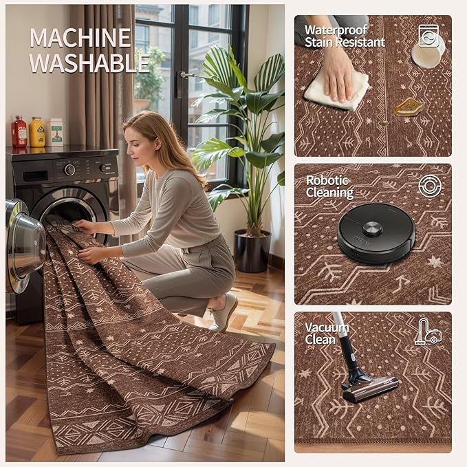 SERISSA 2x5 Kitchen Runner Rug, Washable Non-Slip Coffee Brown Boho Rug, Soft Low-Pile Geometric Indoor Carpet for Hallway Laundry Room Bathroom Bedroom Entryway