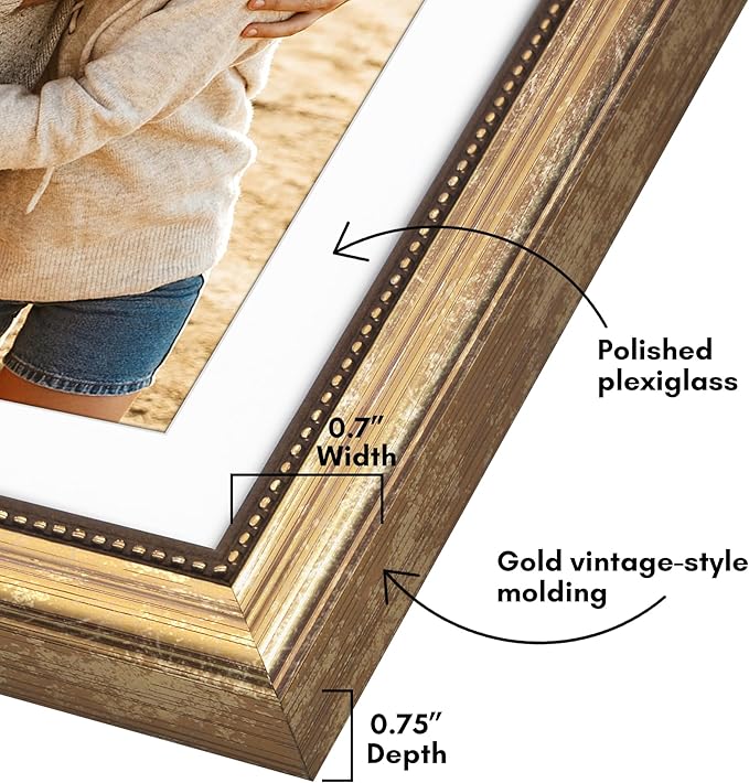 Americanflat Vintage Frames - 12x18 Poster Frame with Beaded Accents and Polished Plexiglass - Use as 11x17 Frame or Display 12x18 Photos Without Mat - Heirloom Collection - Wall Display - Gold
