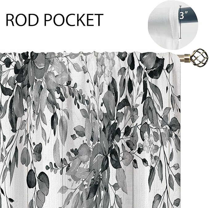 Farmhouse Grey Eucalyptus Small Kitchen Curtains Leaves Window Treatment Black White Wooden Cafe Short Curtains for Bathroom Dining Laundry Room Botanical Tier Treatment Drapes 27.5x39 inch