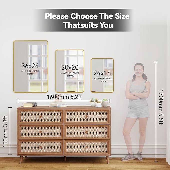 SCWF-GZ 24x36 Vanity Mirror Full Length Wall Mounted Aluminum Alloy Metal Frame Dressing Round Rectangle Mirrors for Entryway Bedroom Bathroom Living Room Horizontally or Vertically 36x24 inch Gold