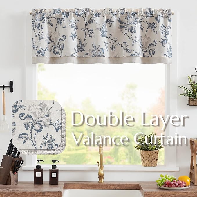 jinchan Linen Valance Curtain Farmhouse Window Decor Floral Print for Kitchen Living Room Double Layer Blackout Valance 18 Inches Rustic Window Treatment 1 Panel Rod Pocket Blue on Beige