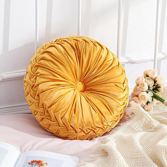 Drydiet 1 Pcs Round Throw Velvet Pillows Decorative Pleated Throw Pillows 15'' Diameter Accent Pumpkin Boho Chair Cushion for Couch Sofa Home Decoration (Yellow)