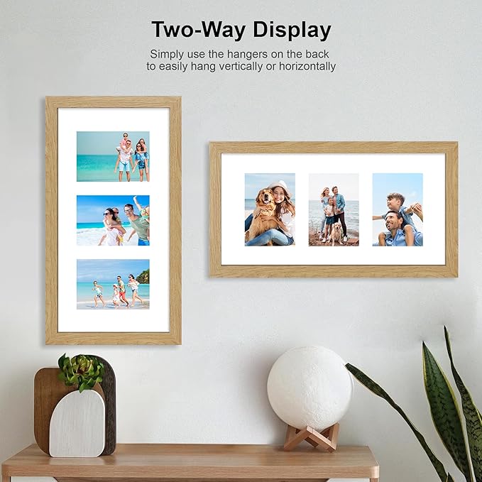 10x20 Picture Frame Set of 2, Natural Oak Wood Frame with Real Glass Collage Frame, Display Pictures Three 5x7 With Mat or 10 x 20 Without Mat - Horizontal or Vertical Wall Mounting