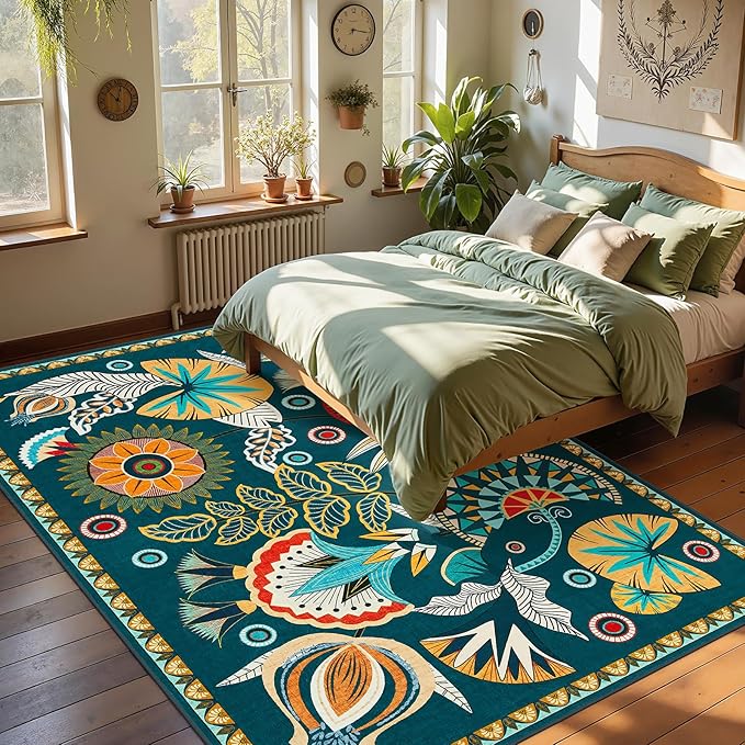 Joydeco Egypt Floral Boho Large Area Rugs for Living Room Nursery, Washable Dark Green Bedroom Rug 8x10 Under Bed, Vintage Non Slip Indoor Throw Carpet for Playroom Dining Room Dorm