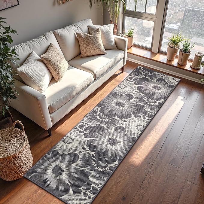 Findosom Hallway Runner Rug 2x8, Non Slip High-Low Textured Floral Washable Runner Rug with Rubber Backing, Boho Carpet Runner for Kitchen, Entryway, Bedroom, Laundry, Gray
