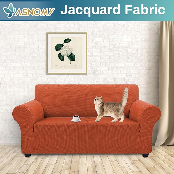 Asnomy Sofa Covers for 2 Cushion Couch Stretch Loveseat Slipcovers, Pet Protector Furniture Covers for Dogs Cats Spandex Jacquard Fabric Small Checks (Medium, Pumpkin)