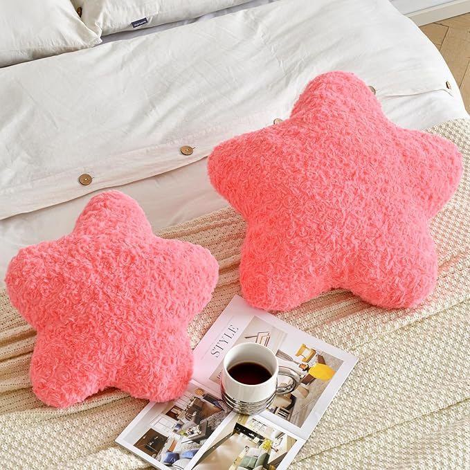 Star Pillow, 14.9" Star Shaped Plush Pillow for Couch Bed Sofa, Cute Decorative Throw Pillows with Soft Faux Fur Room Decor for Bedroom Living Room (Rose Pink)