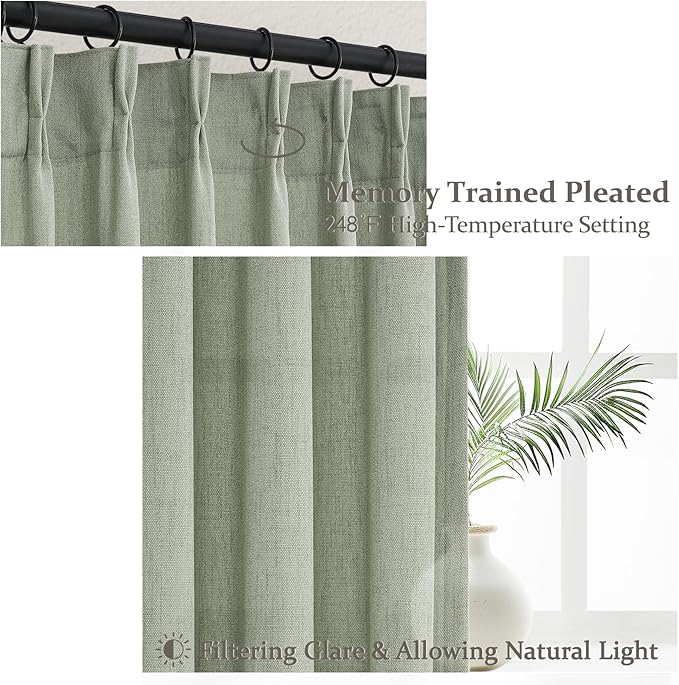 Sage Green Light Filtering Viral Sheer Curtains 90 Inches Long for Bedroom 2 Panels Set, Modern Pinch Pleated Flax Linen Window Drapes with Hooks Rings Ceiling Track 40 x 90 Inch Dining Room Curtain