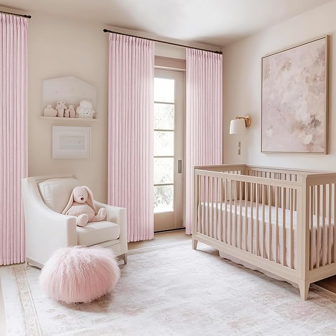 TWODRAPES 80 Inch Pink Pinch Pleated Semi Sheer Curtains for Girls Bedroom Living Room Pleat Memory Shape Trained Light Filtering Linen 80 Inch Curtains Drape Window Panels Baby Pink Blush Nursery