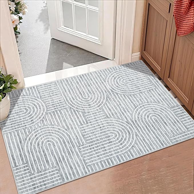 Washable Rug 2x3 Area Rugs for Entryway, Abstract Rug for Bedroom, Soft Rainbow Non Slip Small Area Rug with Rubber Back, Low Pile Stain Resistant Boho Geometric Carpet for Dining Room, Ash