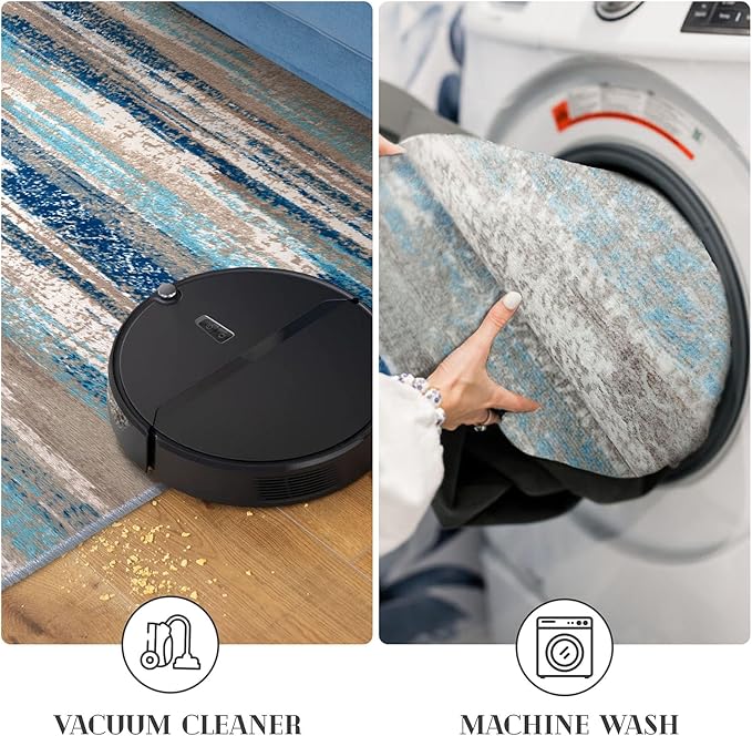 Lansny Modern Abstract Runner Rug 3x14, Blue Washable Long Kitchen Runner Non-Slip Soft Hallway Rug Runner Ultra Thin Print Faux Wool Carpet for Entryway Bedroom Laundry Room Indoor Home Decor