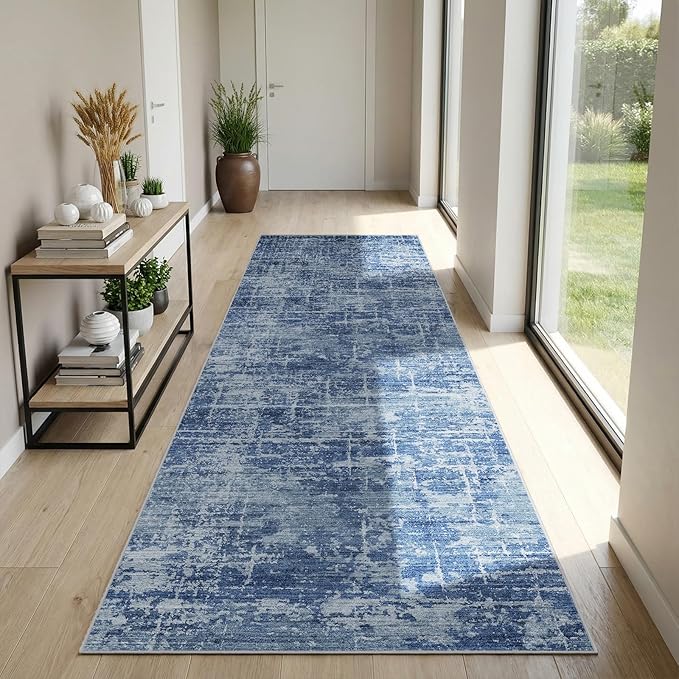 3x7 Washable Kitchen Runner Rug - Modern Abstract Neutral Carpet with Non-Slip Backing Low-Pile Stain-Resistant Thin Runners for Hallway Bathroom Bedroom Entryway (3x7, Blue)