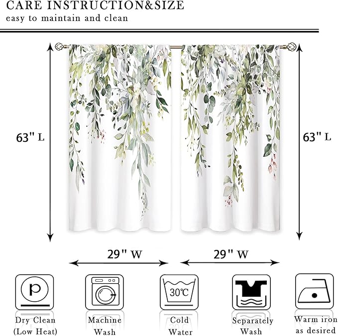 Sage Green Eucalyptus Leaves Window Curtains Flower Watercolor Floral BotanicalPlant Wildflower Farmhouse Curtain Drapes Herb Curtains for Bedroom Living Room Treatment 2 Panels 29Wx63H Inch