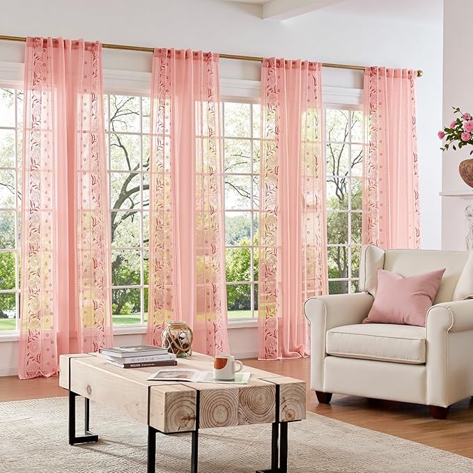 jinchan Winslow Pink Sheer Curtains 84 Inch for Bedroom Living Room Embroidered Bordered Floral Nursery Curtains for Girls Room Dorm Light Filtering, 2 Panels, 50W x 84L