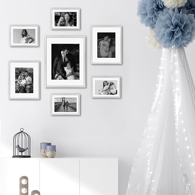 Frametory, Silver Aluminum Picture Frame with Removable Mat - Set of 7 Includes Four 5x7, Two 8x10, One 11x14 - Real Glass Front - Simple Gallery Wall Frames for Art Prints and Posters