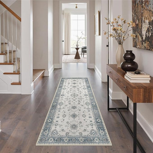 GENIMO Runner Rug for Hallways Machine Washable, 3x7 Non Slip Boho Vintage Lightweight Washable Runners, Thin Floor Rugs for Entryway Hallway Bathroom Laundry Room Corridor, Misty Blue